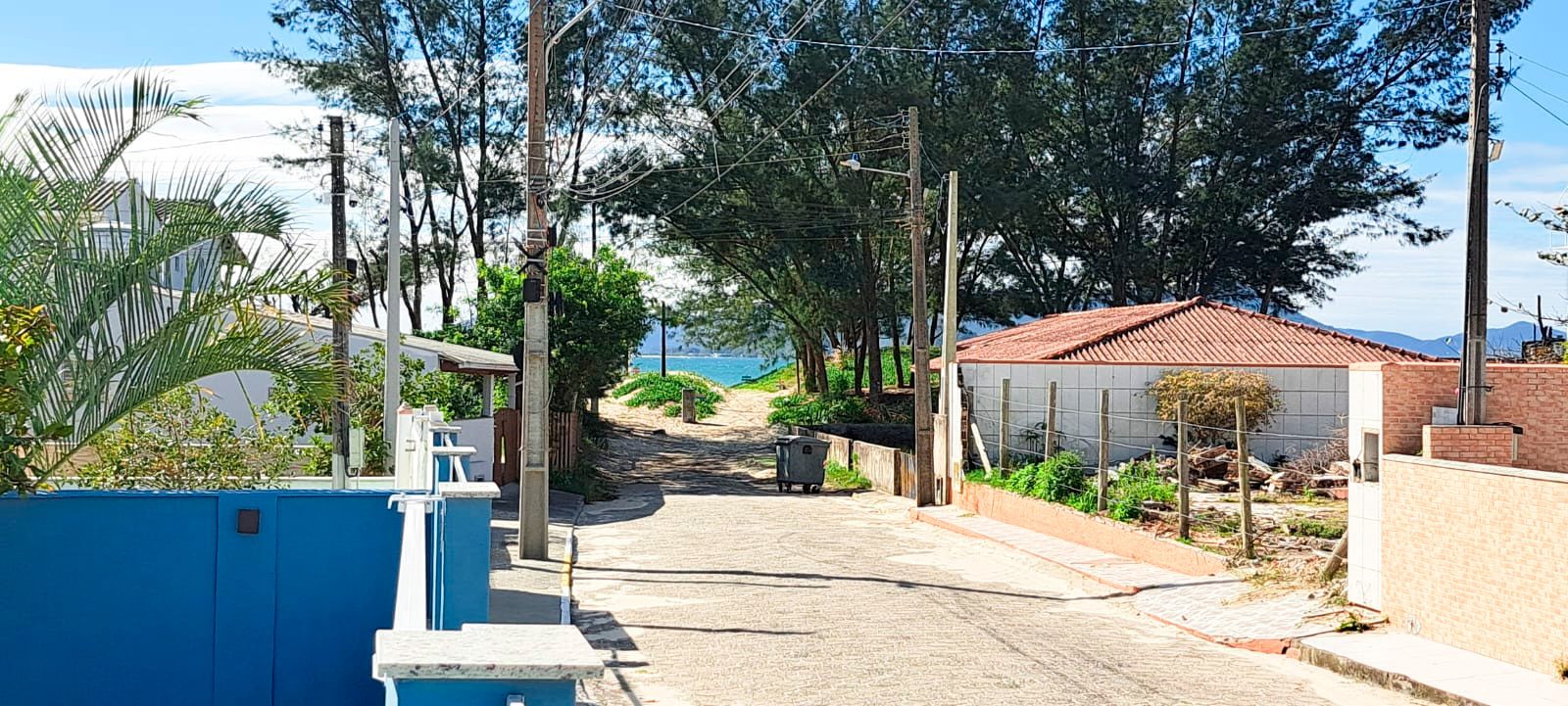 rua Street in a sunny coastal neighborhood leading to the beach, with a blue wall on the left and trees lining the road.
